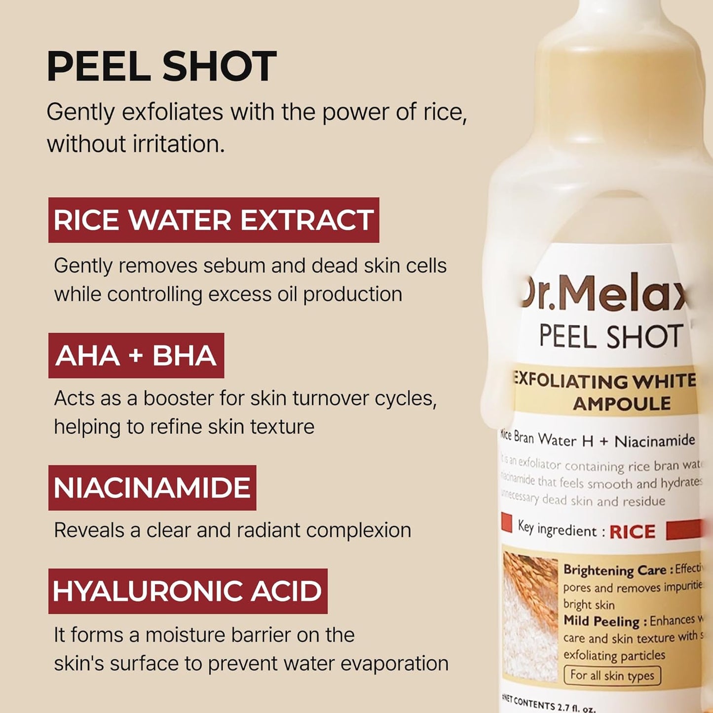 Peel Shot Glow White Rice Peeling Ampoule, Soft Exfoliating Face and Body Scrub Dead Skin Cells Remover for All Skin Types Korean Skin Care 80Ml