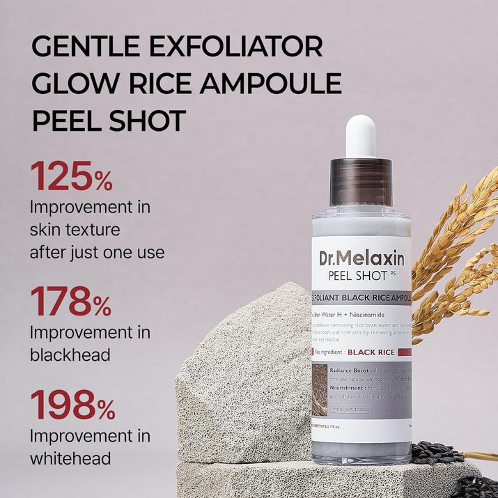 Peel Shot Glow Black Rice Peeling Ampoule, Soft Exfoliating Face and Body Scrub Dead Skin Cells, Blackheads Remover for All Skin Types Korean Skin Care 80Ml